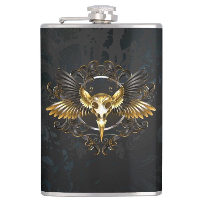 Golden Bird Skull on Black background Flask (Front)