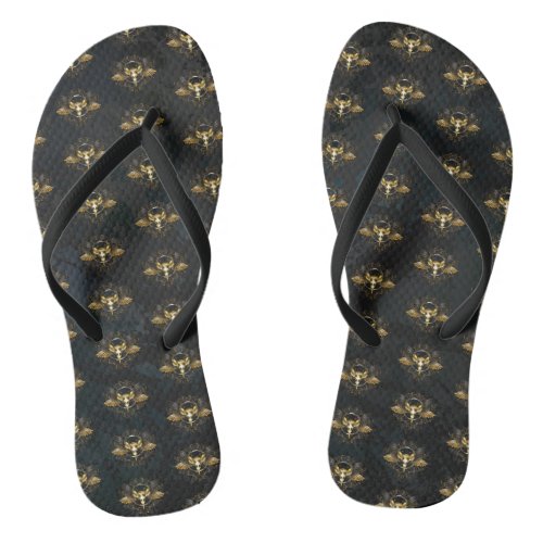 Golden Bird Skull on Black background Flip Flops