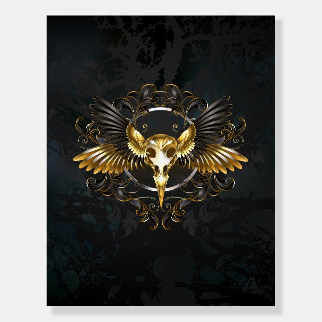 Golden Bird Skull on Black background Foam Board (Front)