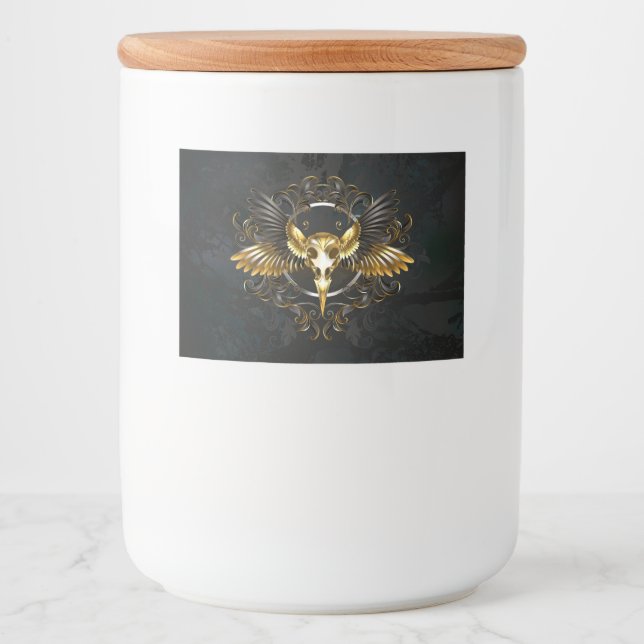 Golden Bird Skull on Black background Food Label (Front)