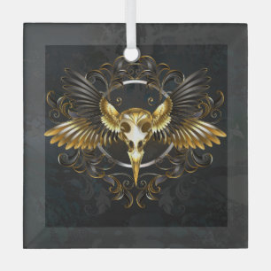 Golden Bird Skull on Black background Glass Ornament