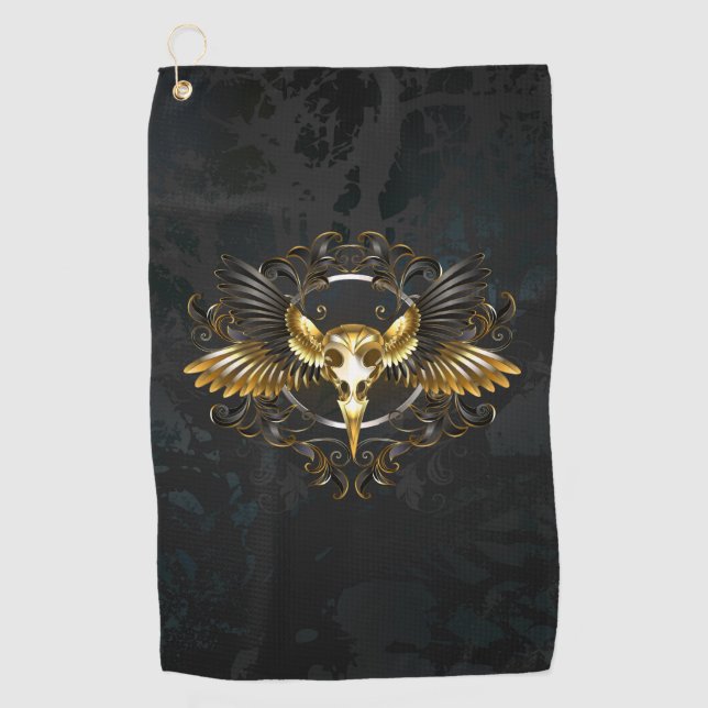 Golden Bird Skull on Black background Golf Towel (Front)