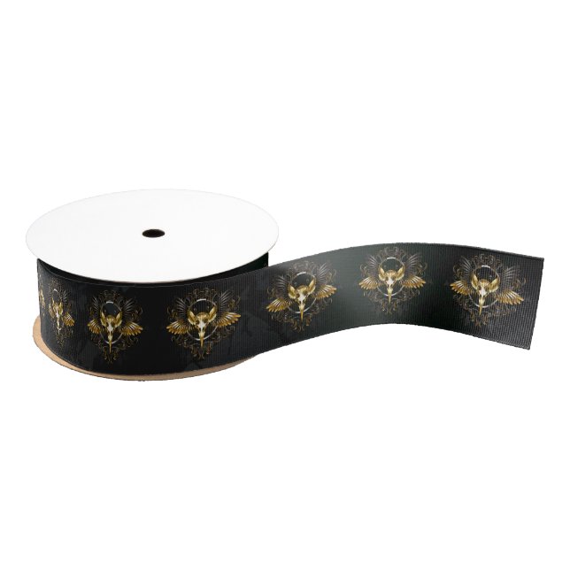 Golden Bird Skull on Black background Grosgrain Ribbon (Spool)