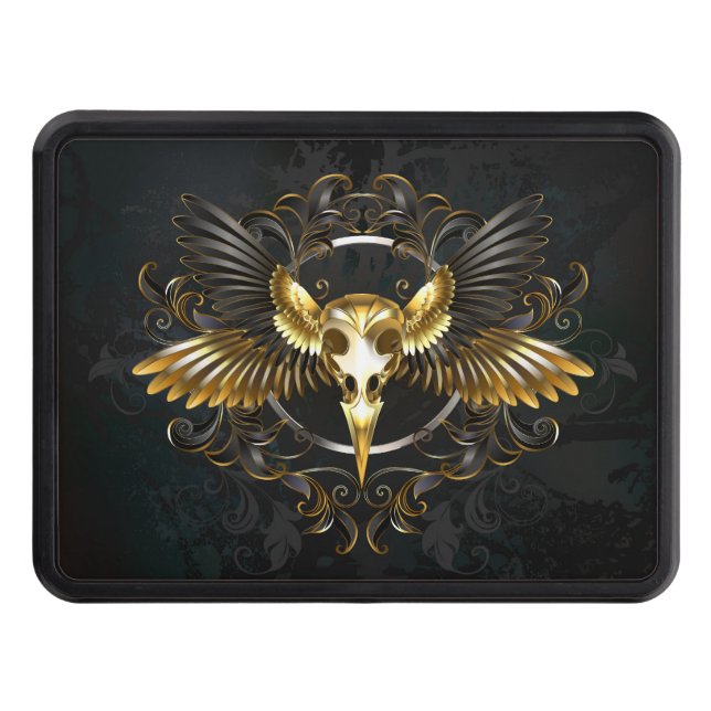 Golden Bird Skull on Black background Hitch Cover (Front)