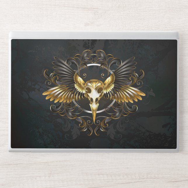 Golden Bird Skull on Black background HP Laptop Skin (Front)