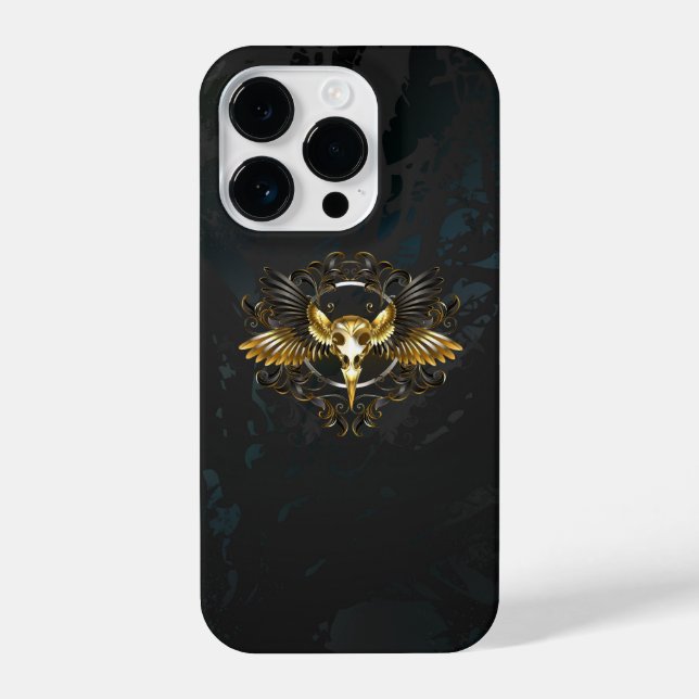 Golden Bird Skull on Black background iPhone Case (Back)