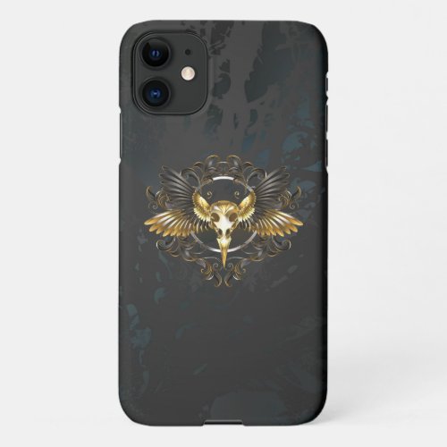 Golden Bird Skull on Black background iPhone 11 Case