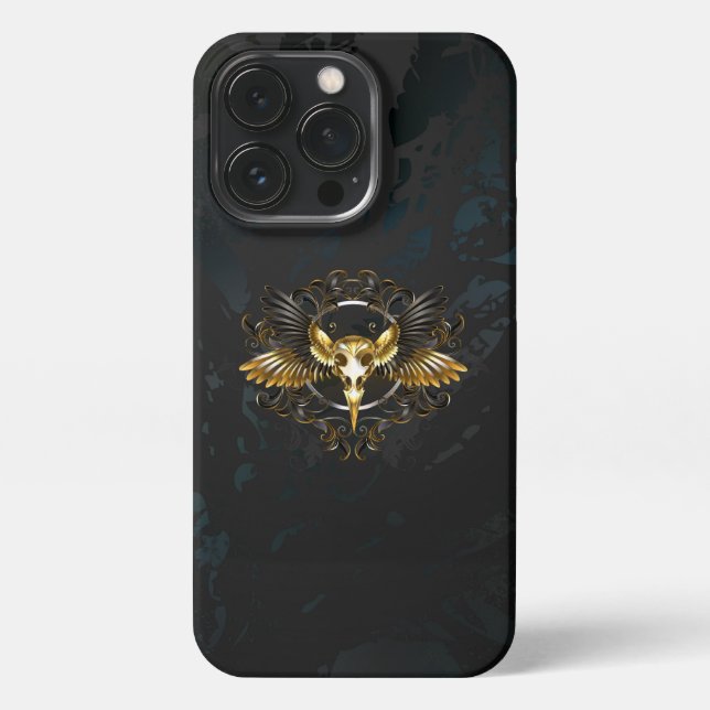 Golden Bird Skull on Black background iPhone Case (Back)