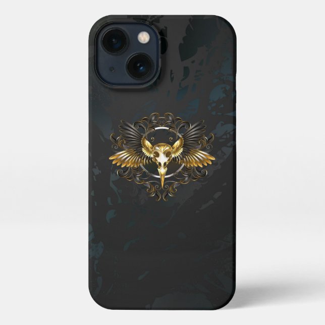 Golden Bird Skull on Black background iPhone Case (Back)