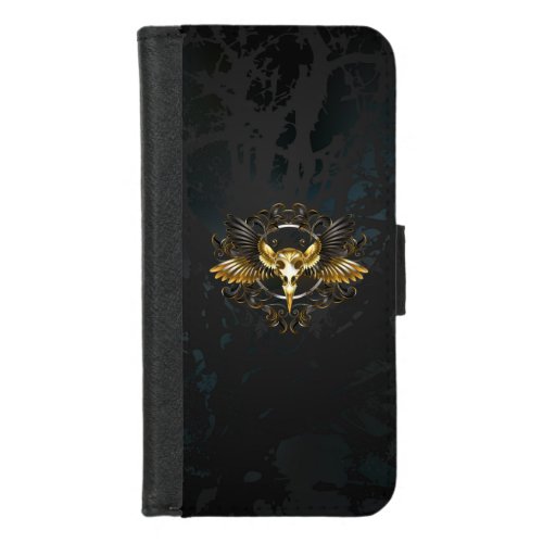 Golden Bird Skull on Black background iPhone 87 Wallet Case