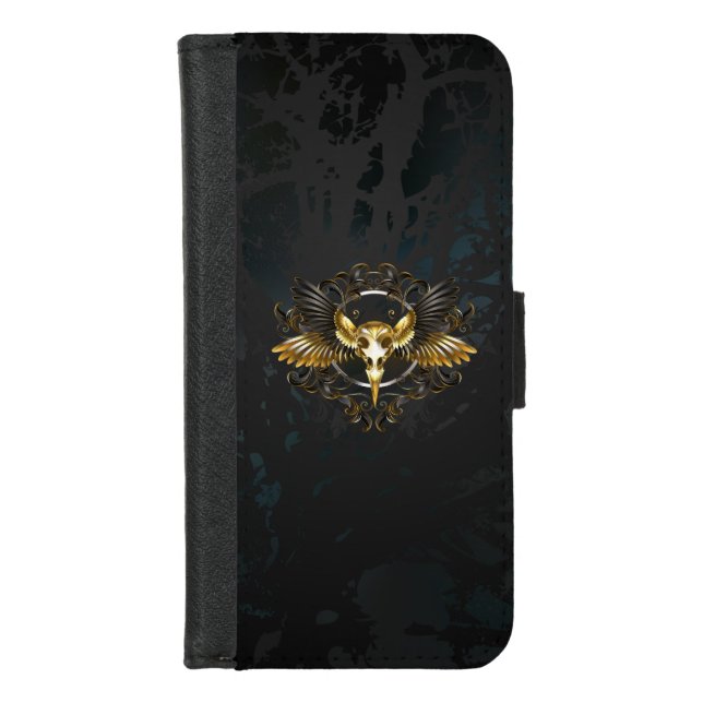 Golden Bird Skull on Black background iPhone Wallet Case (Front)