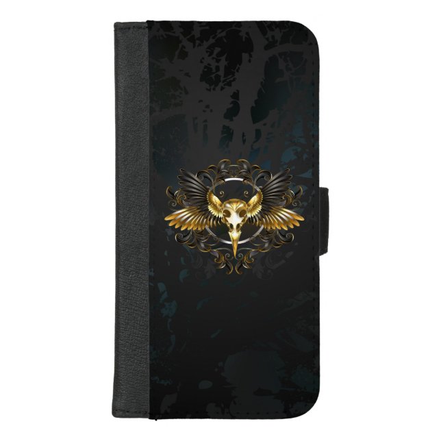 Golden Bird Skull on Black background iPhone Wallet Case (Front)