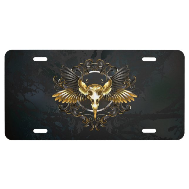 Golden Bird Skull on Black background License Plate (Front)
