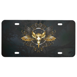 Golden Bird Skull on Black background License Plate