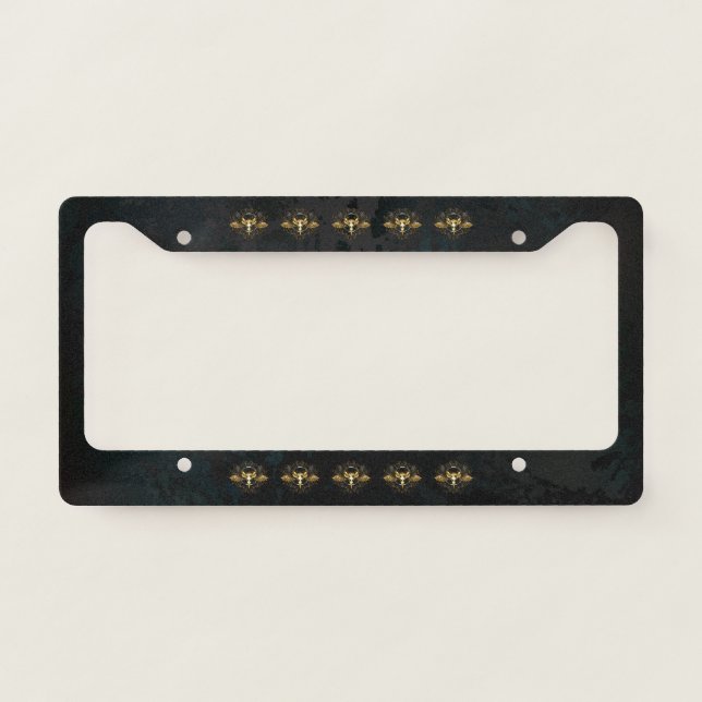 Golden Bird Skull on Black background License Plate Frame (Front)