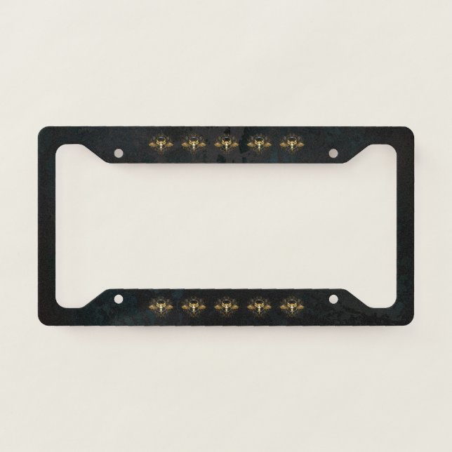 Golden Bird Skull on Black background License Plate Frame (Front)