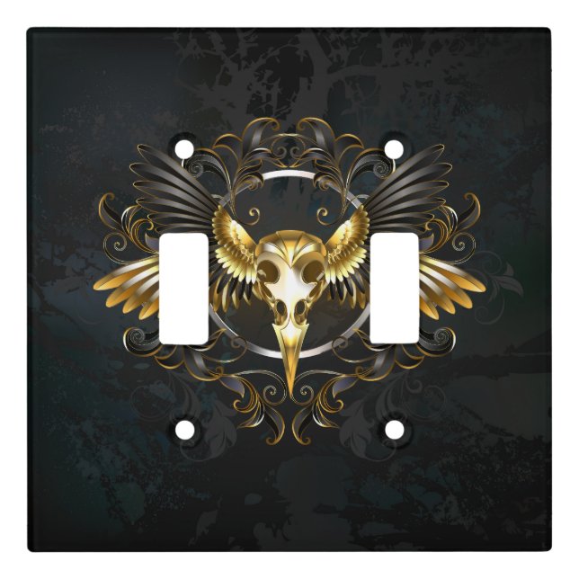 Golden Bird Skull on Black background Light Switch Cover (Front)