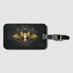 Golden Bird Skull on Black background Luggage Tag