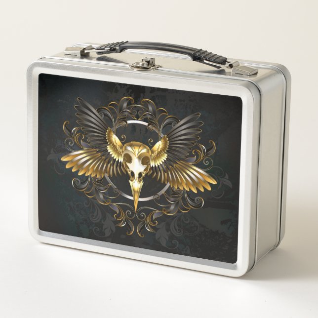 Golden Bird Skull on Black background Metal Lunch Box (Front)