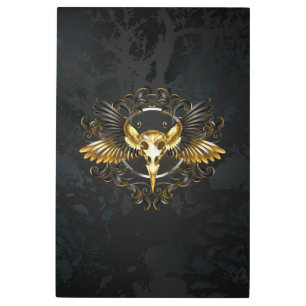 Golden Bird Skull on Black background Metal Print
