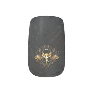 Golden Bird Skull on Black background Minx Nail Art