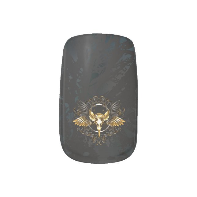 Golden Bird Skull on Black background Minx Nail Art (Right Thumb)