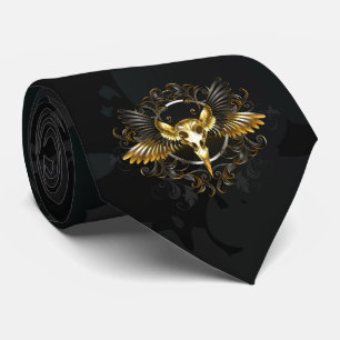 Golden Bird Skull on Black background Neck Tie