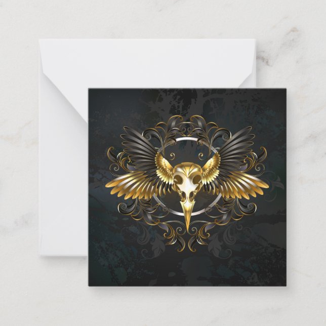 Golden Bird Skull on Black background Note Card (Front)
