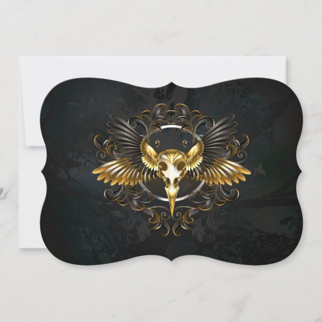 Golden Bird Skull on Black background Note Card (Front)