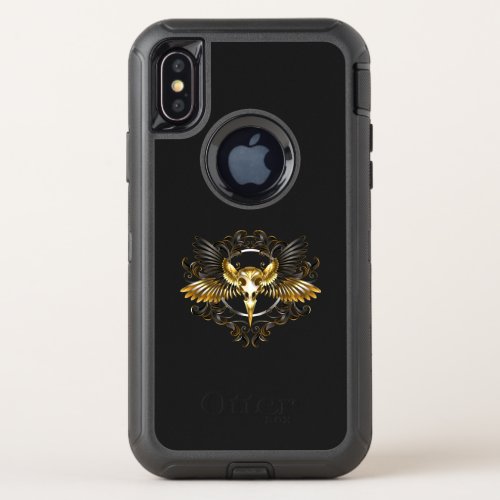 Golden Bird Skull on Black background OtterBox Defender iPhone X Case