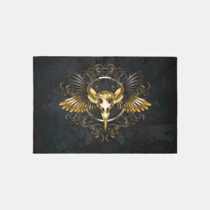Golden Bird Skull on Black background Outdoor Rug