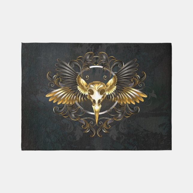 Golden Bird Skull on Black background Outdoor Rug (Front)
