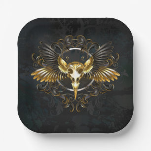 Golden Bird Skull on Black background Paper Plates
