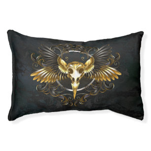 Golden Bird Skull on Black background Pet Bed