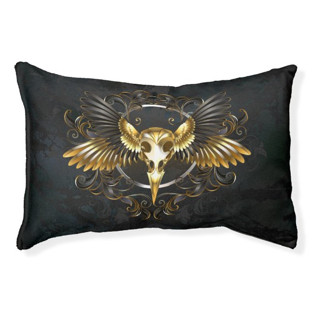 Golden Bird Skull on Black background Pet Bed (Front)