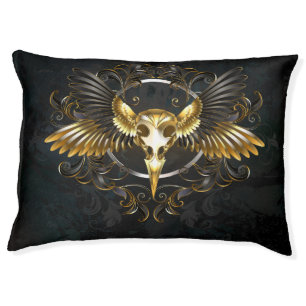 Golden Bird Skull on Black background Pet Bed