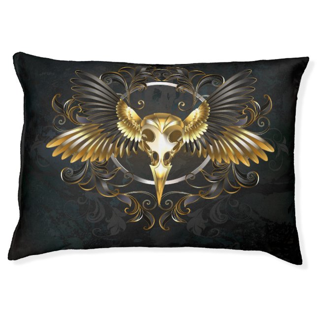 Golden Bird Skull on Black background Pet Bed (Front)