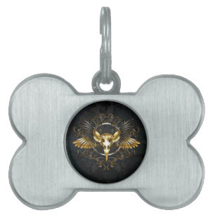 Golden Bird Skull on Black background Pet ID Tag