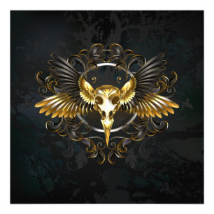 Golden Bird Skull on Black background Photo Print