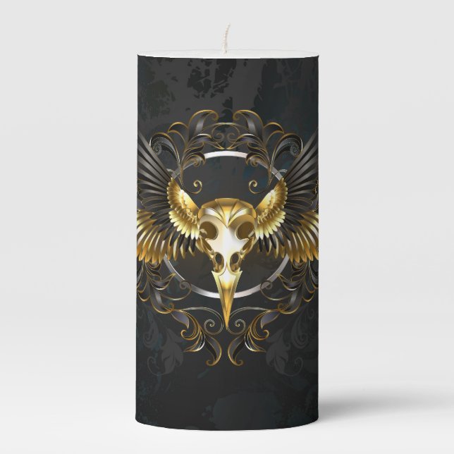 Golden Bird Skull on Black background Pillar Candle (Front)