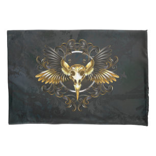Golden Bird Skull on Black background Pillow Case