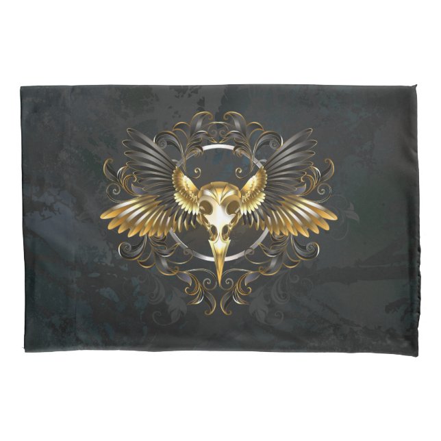 Golden Bird Skull on Black background Pillow Case (Front-Left)