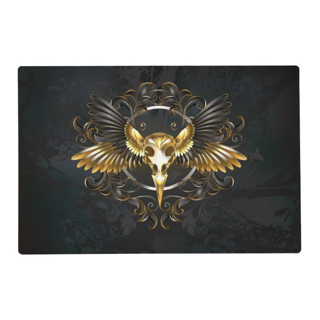 Golden Bird Skull on Black background Placemat (Front)