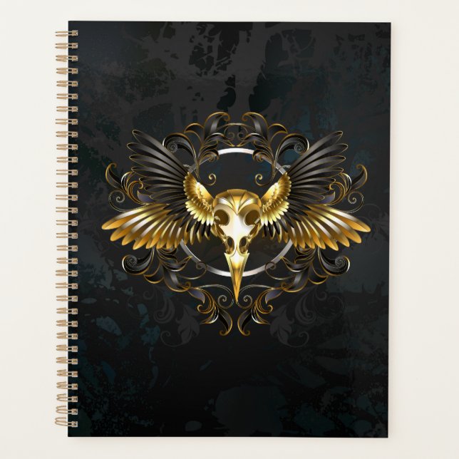Golden Bird Skull on Black background Planner (Front)