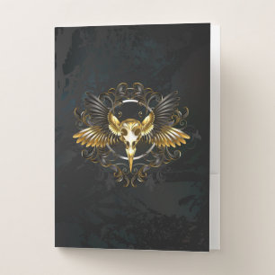 Golden Bird Skull on Black background Pocket Folder