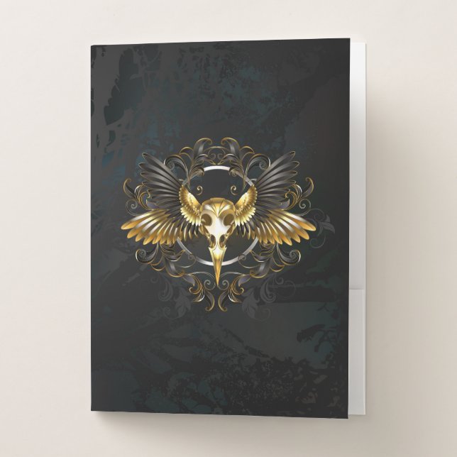 Golden Bird Skull on Black background Pocket Folder (Front)