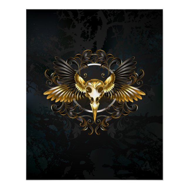 Golden Bird Skull on Black background Poster (Front)