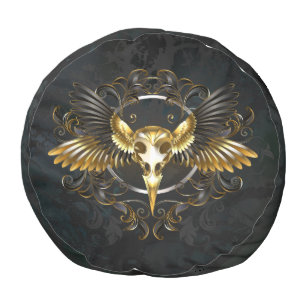 Golden Bird Skull on Black background Pouf