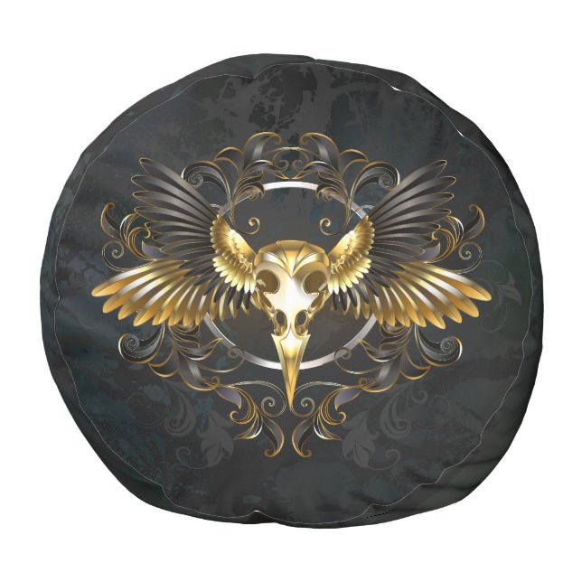 Golden Bird Skull on Black background Pouf (Bottom)
