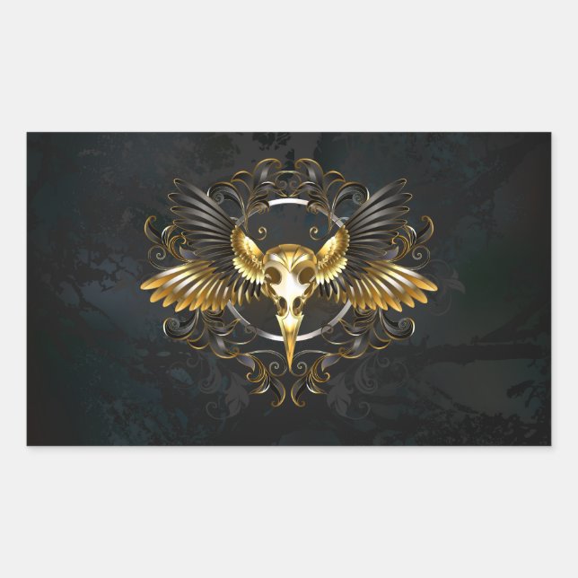 Golden Bird Skull on Black background Rectangular Sticker (Front)